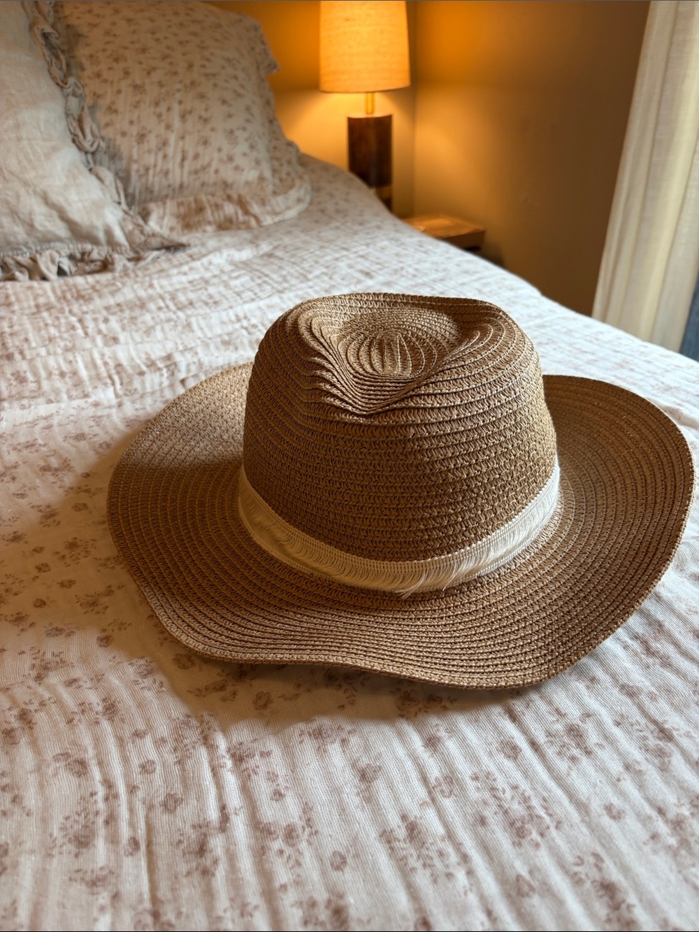 House of Harlow 1960 Braided Straw Sun Hat in Brown with Cream Band